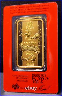 2012 Pamp Suisse Lunar Year of the Dragon. 9999 Gold Bar 100g Special # B000707