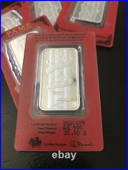 2013 Silver PAMP Suisse 1 Oz Bar (5 Bars) Lunar Year of Snake In Assay