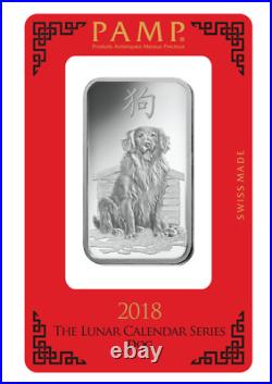 2018 1 oz Pamp Suisse LUNAR DOG. 999 Fine Silver Bar Classic Design In Assay