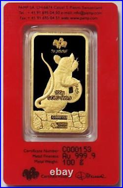 2020 PAMP SUISSE GOLD 100 GRAM INGOT 3.215oz LUNAR YEAR OF RAT BAR ASSAY CARD