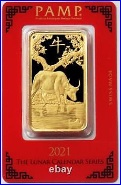 2021 PAMP SUISSE GOLD 100 GRAM INGOT 3.215oz LUNAR YEAR OF THE OX BAR ASSAY CARD