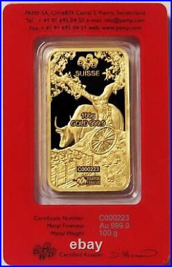 2021 PAMP SUISSE GOLD 100 GRAM INGOT 3.215oz LUNAR YEAR OF THE OX BAR ASSAY CARD