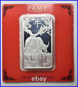 2021 PAMP Suisse 100g Lunar Year of Ox. 999 Fine Silver Art Bar in Assay Card C3