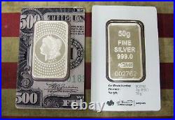 2022 Pamp Suisse 50g Silver Bar Morgan Dollar design in $500 Style Card BINo