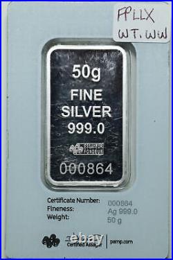 2022 Pamp Suisse Morgan 50g. 999 Silver Bar in $500 Design Assay Card