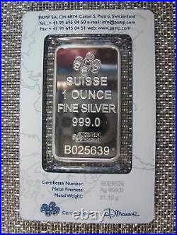 2023 Box of 25 1 oz Pamp Suisse Lady Fortuna. 999 Silver Bar in Assay Card