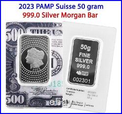 2023 PAMP Suisse Morgan 2023 $500 Bill 50g Silver Bar Assay 999.0