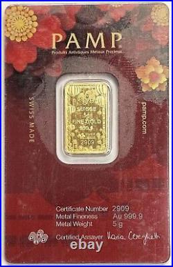 2023 Pamp Suisse Gold 5 Grams Good Luck Bar With Sealed In Assay Certificate