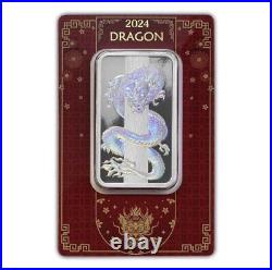 2024 50 Grams Silver Bar PAMP Dragon Hologram Lunar Series Stock Image