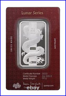 2024 PAMP Lunar Series 50 Gram Silver Bar. Dragon Hologram (In Assay with Box)