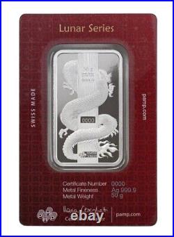 2024 Pamp Suisse Hologram Dragon 50g. 9999 Silver Bar in Assay Card