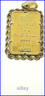 24k 10 Gram PAMP Suisse Lady Fortuna Gold Bar Pendant Rope Bezel Yellow Gold