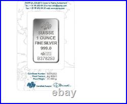(25) PAMP SUISSE 1 oz Silver Bar Lady Fortuna 999.0 Fine In Assay Card withBOX