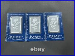 3 1 oz. 999 Fine Silver Rosa Rose PAMP Suisse Bars Sequential Serial Numbers