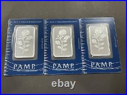 3 1 oz. 999 Fine Silver Rosa Rose PAMP Suisse Bars Sequential Serial Numbers