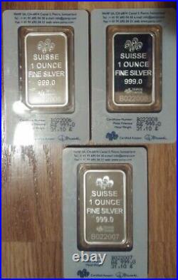 3 Stunning 1oz Silver Suisse Pamp Lady Fortuna Bars Consecutive Serial #'s
