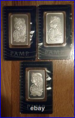 3 Stunning 1oz Silver Suisse Pamp Lady Fortuna Bars Consecutive Serial #'s