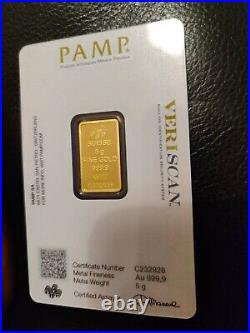 5 Gram Fine Gold Bar 999.9 PAMP Suisse Lady Fortuna Veriscan