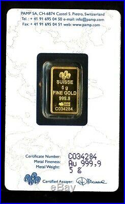 5 Gram Gold Bar PAMP Suisse Fortuna 999.9 Fine Sealed Assay 5g