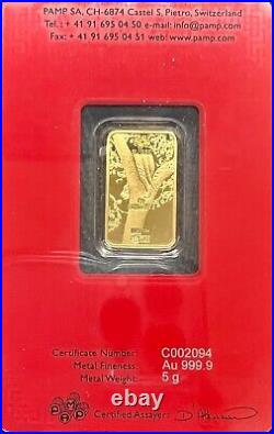 5 Gram PAMP Suisse Lunar Tiger Gold Bar In Assay
