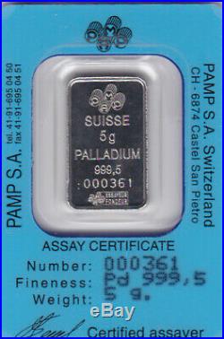 5 Gram Palladium Bar Pamp Suisse Sealed Certified Serial Number Card 361