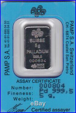 5 Gram Palladium Bar Pamp Suisse Sealed Certified Serial Number Card 804
