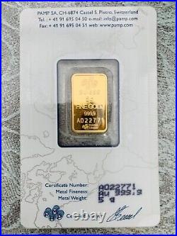 5 Gram Pamp Suisse 0.9999 Gold Bar With Lady Fortuna (Sealed in Assay)