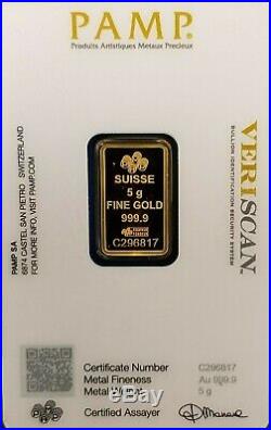 5 Gram Pamp Suisse Lady Fortuna Veriscan Gold Bar Ingot (with Assay) #c296817