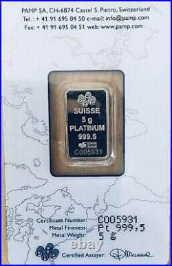 5 Gram Platinum Bar 999.5 Pamp Suisse Lady Fortuna In Sealed Assay