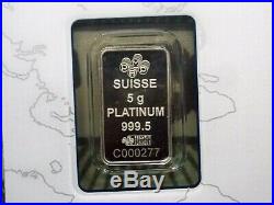 5 Gram Platinum Bar 999.5 Pamp Suisse Sealed Assay East Coast Coin & Collectable