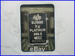 5 Gram Platinum Bar 999.5 Pamp Suisse Sealed Assay East Coast Coin & Collectable