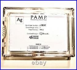 5 Ounce Oz PAMP Suisse Fortuna Silver Bar Certificate Number B000947