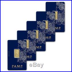 5 gram Gold Bar PAMP Suisse Fortuna 999.9 Fine in Assay Five 5 Bars