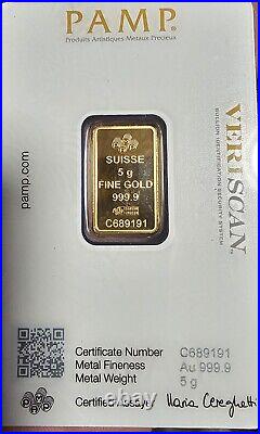 5 gram Gold Bar PAMP Suisse Fortuna 999.9 Fine in Sealed Assay