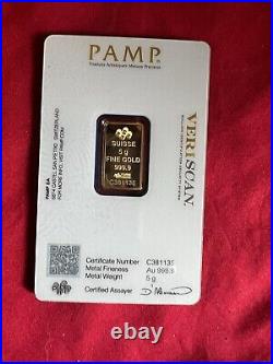 5 gram Gold Bar PAMP Suisse Fortuna 999.9 Fine in Sealed Assay