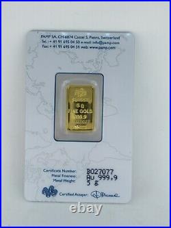 5 gram Gold Bar PAMP Suisse Fortuna 999.9 Fine in Sealed Assay