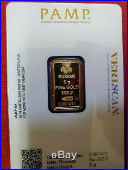 5 gram Gold Bar PAMP Suisse Fortuna 999.9 Fine in Sealed Assay, VERISCAN