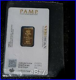 5 gram Gold Bar PAMP Suisse Lady Fortuna (In Assay) Old Style Card. Unopened