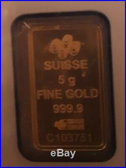 5 gram Gold Bar PAMP Suisse Lady Fortuna (In Assay) Old Style Card. Unopened