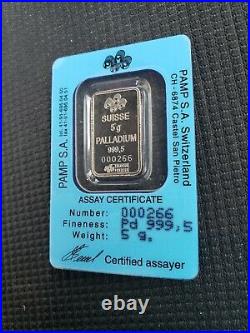 5 gram PAMP Lady Liberty PALLADIUM Bar Sealed in Assay Rare #000266 Perfect Cond