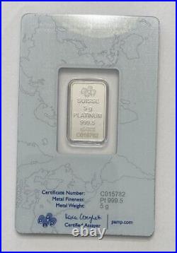 5 gram PAMP Suisse Fortuna Platinum Bar. 9995 Fine in Sealed Assay