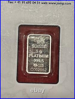 5 gram PAMP Suisse Lady Fortuna Platinum Bar. 9995 Fine (In Assay)