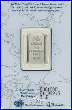 5 gram Platinum Bar PAMP Suisse Fortuna 999.5 Fine in Sealed Assay Slip