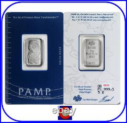 5 gram Platinum Bar PAMP Suisse Lady Fortuna in assay card