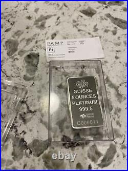 5 oz PAMP Suisse Lady Fortuna Platinum Bar. 999+ Fine (In Assay) RARE