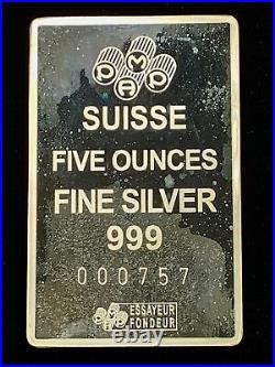 5 oz. Pamp Suisse. 999 Fine Silver Lady Fortuna Ingot Bullion Bar in Assay Case