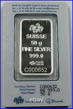 50 Gram Pamp Suisse Rose Silver Bar. 999 Fine Silver Assay Sealed #29546A