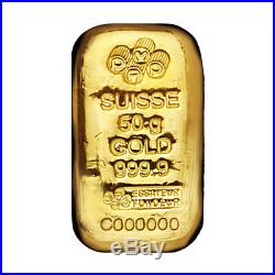50 gram Gold Bar PAMP Suisse. 9999 Fine (Cast, withAssay)