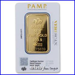 50 gram Gold PAMP Suisse Fortuna Veriscan Bar with Assay Card