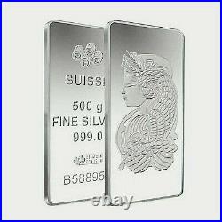 500 gram 1/2 Kg PAMP Suisse Lady Fortuna Silver Bar. 999 Fine and certificat
